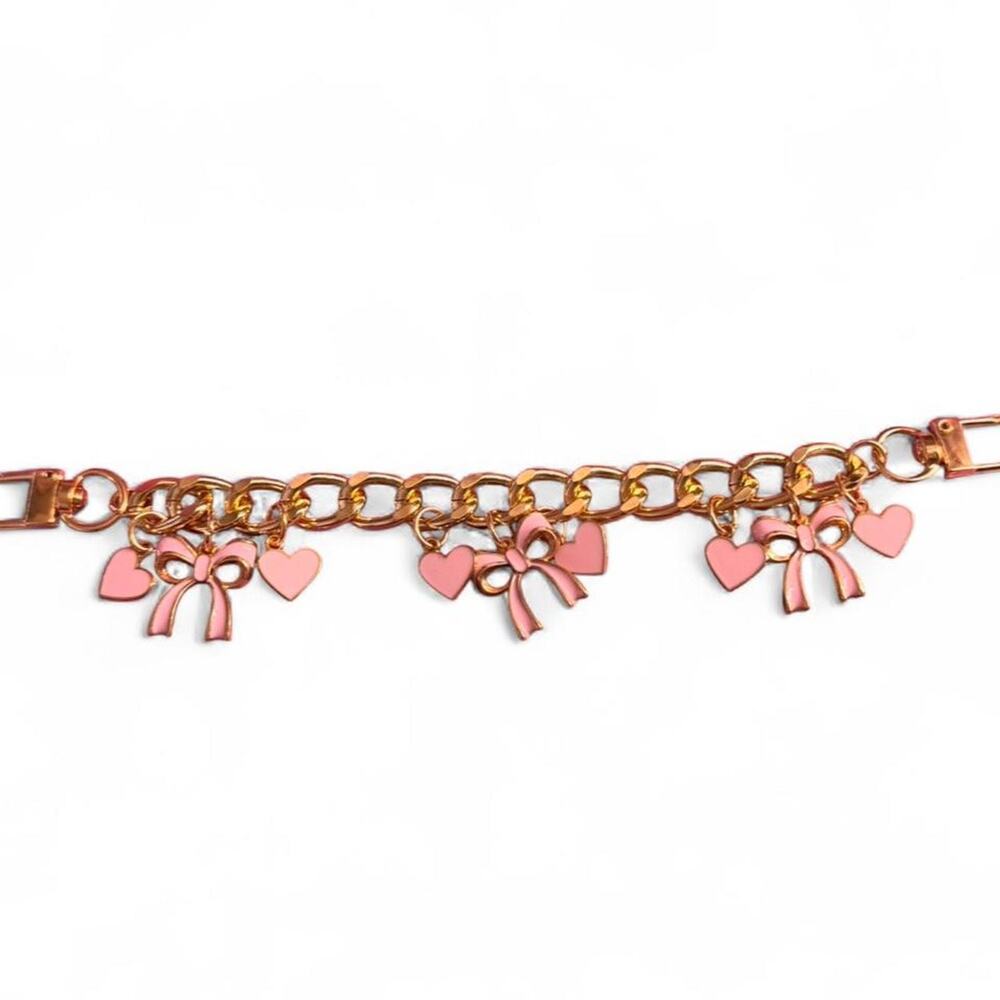 Kawaii Pastel Pink Bows Hearts Gold Tone Bag Charm Chain Bracelet Coquette